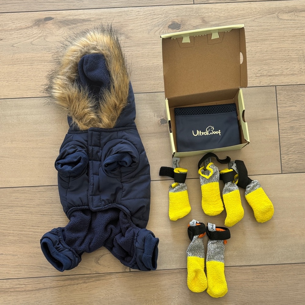 Navy Faux Fur Hooded Dog Puffer Jacket + Yellow Waterproof Dog Boots